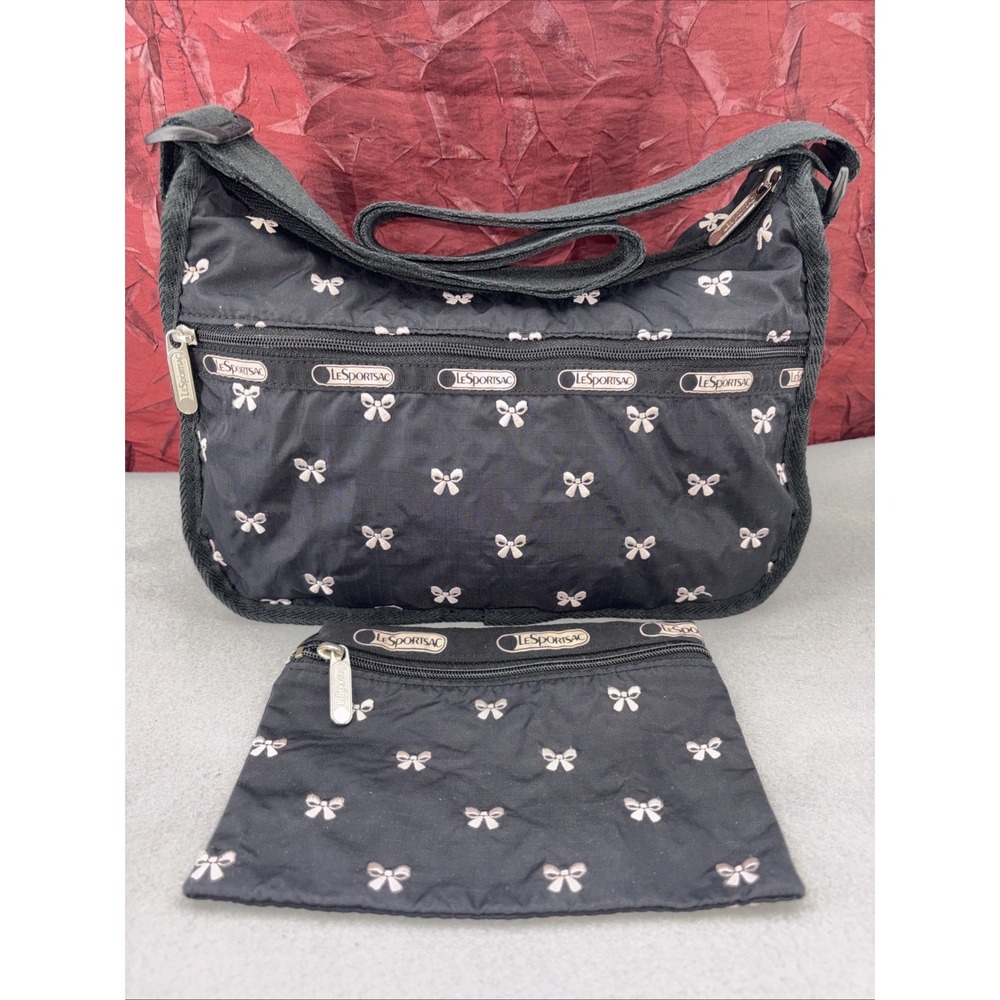 RARE LeSportSac Classic Hobo Embroidered BOWS Adjustable Crossbody W/Pouch GUC‎